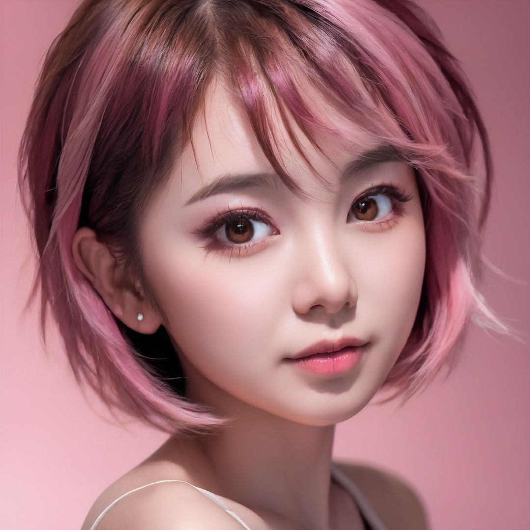(masterpiece,best quality, ultra realistic,32k,RAW photo,detail skin, 8k uhd, dslr,high quality,),1girl,solo, (short hair) ,(pink hair:1.2),upper body,lady, brown eyes, (led light, edge light, simple background),((tutufc)), <lora:sdxl_tutufc-000002:0.9>