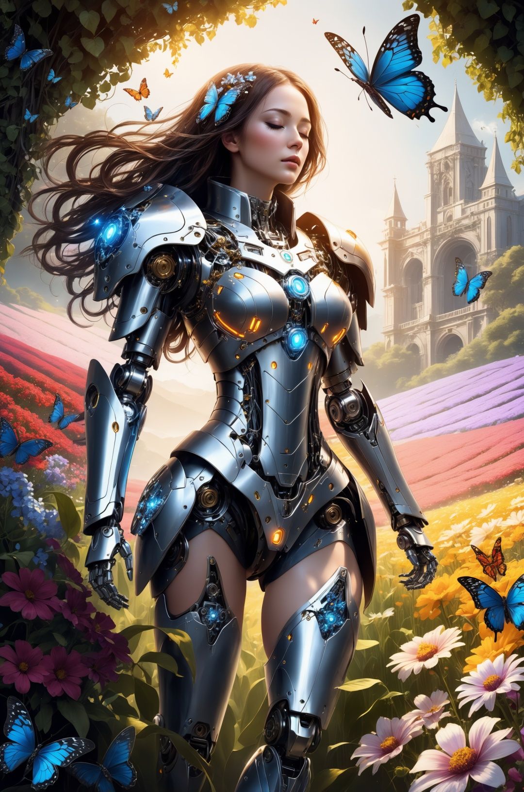 (masterpiece, best quality), (1mechanical girl), (closing eyes), mechanical arms, upper body, ultra detailed, highly detailed, cinematic lighting, intricate details, colorful butterflies, (flowers growing on the mechanical body), (vines connecting to body), (detailed damaged cape), mecha, robot, detailed shiny armor, (warm light), (specular light:1.2), (flower field background:1.4), (glowing runes),(tutufc), <lora:sdxl_tutufc-000002:0.85>