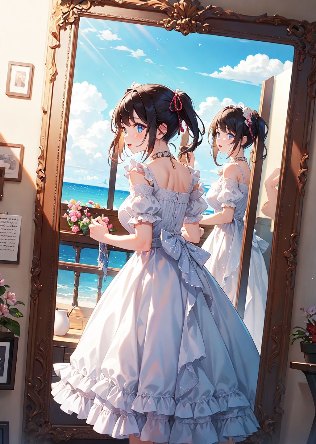 cute girl, standing, mid shot, perfect lighting, dynamic shot, mirror, horizon, reflection, blue sky, cloud,, fcportrait