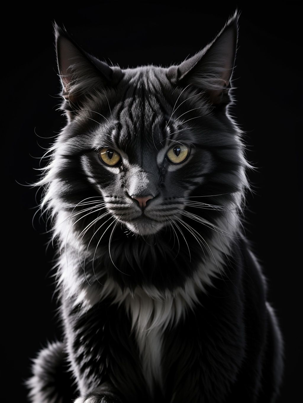AP,no humans,animal focus,cat,black background,looking at viewer,simple background,animal,whiskers,maine coon,