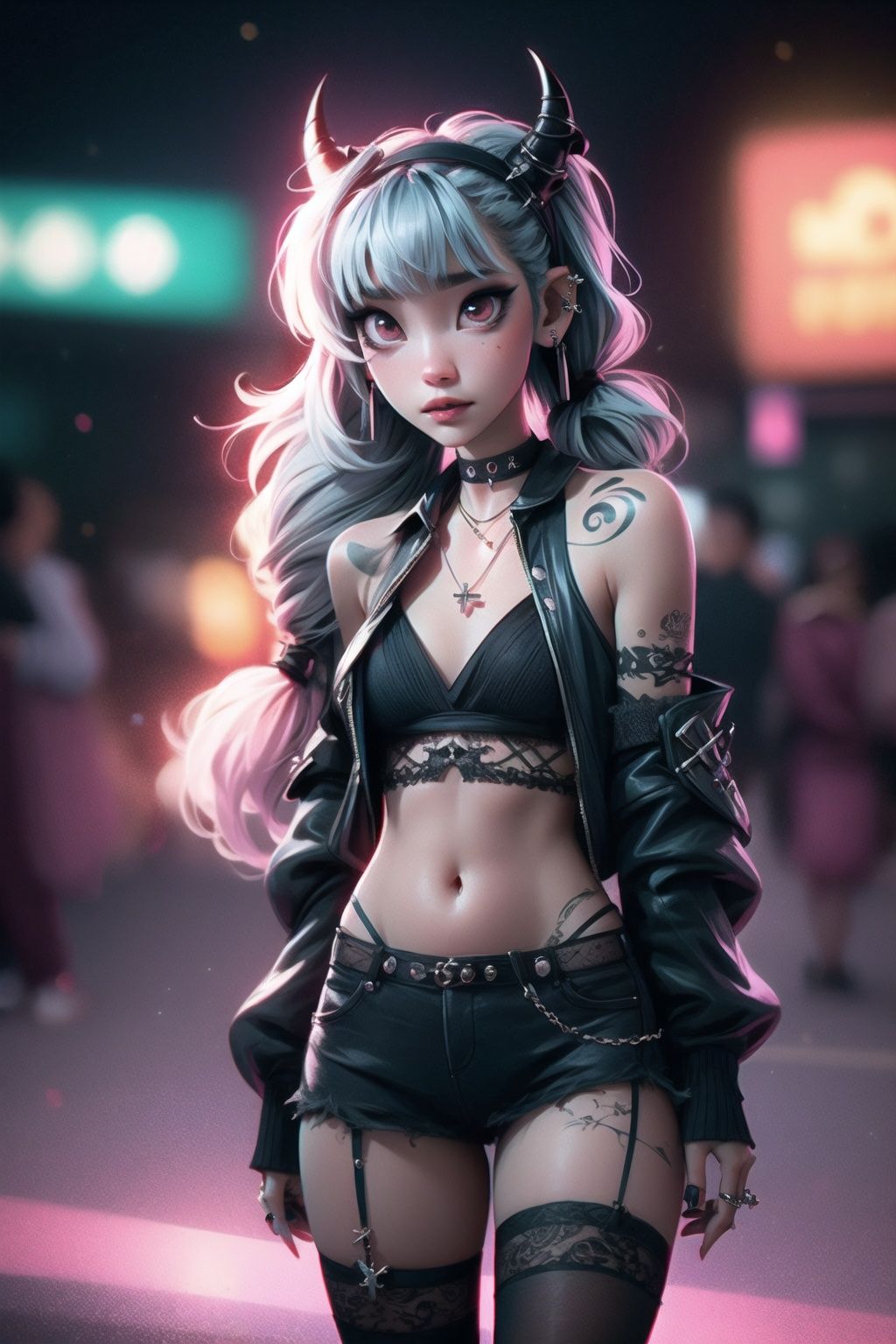 goth_punk, 1girl, solo, medium shot, bokeh, neon light, , starry sky, long hair, earrings, bangs, jewelry, piercing, costume jewelry, ring, cross, piercing, tattoo, thigh, collar, necklace, piercing, bangs, bangs, earrings, choker, belly button piercing, cross necklace, hairband, horns, twintail, symmetrical face, blurred background, blur, hair jewelry, looking at viewer, portrait, ,SAM YANG,Mehira_AFK,pastel goth,Niji Kei, <lora:EMS-93-EMS:0.8>, <lora:EMS-20918-EMS:0.8>, <lora:EMS-2950-EMS:0.8>