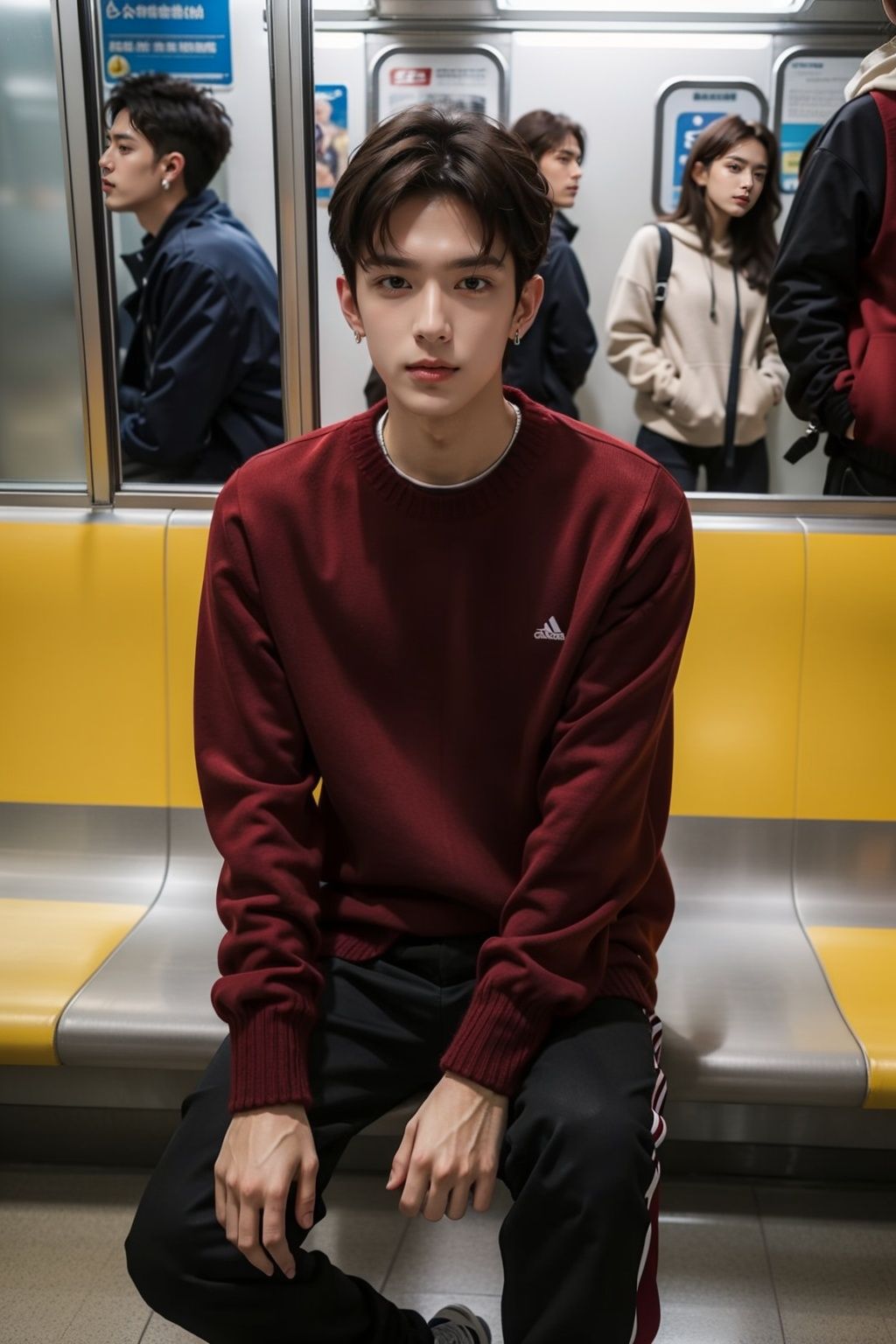 handsome male,,male focus,Red sweater, sports shoes, sitting in the subway,sweater,realistic,looking at viewer,simple background,brown hair,earrings,