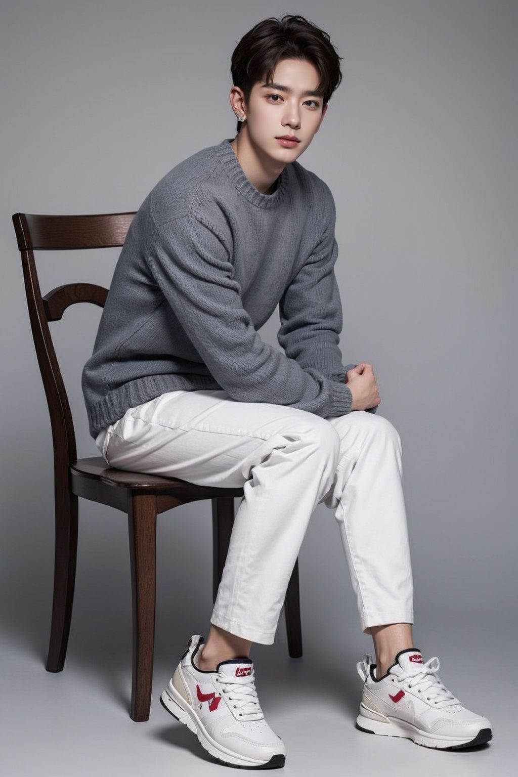 handsome male,<lora:Neobro2:0.8>,male focus,sitting,chair,own hands together,full body,shirt,long sleeves,blonde hair,short hair,grey background,sweater,realistic,looking at viewer,simple background,brown hair,earrings,sneakers,<lora:FujiVelvia50:0.3>,