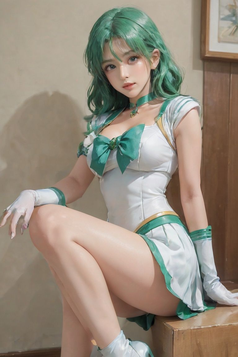 meishaonv,masterpiece,best quality,(photorealistic:1.4),(:1.5),(ultra detailed:1.3),masterpiece,unity 8k wallpaper,(lens flare:1.3),1girl,(medium hair:1.3),(green high heels:1.4),film segmentation,(drill hair:1.2),fashion,outdoors,(pixel art:1.3),real world location,(lap_pillow:1.2),(green hair:1.3),(drill hair:1.2),(sailor senshi uniform:1.3),plead skirt,(sailor neptune:1.1),mature woman,small breasts,aqua eyes,chest bow,(white elbow gloves:1.3),sailor collar,(green high heels:1.1),(strappy heels:1.1), <lora:EMS-20915-EMS:0.6>