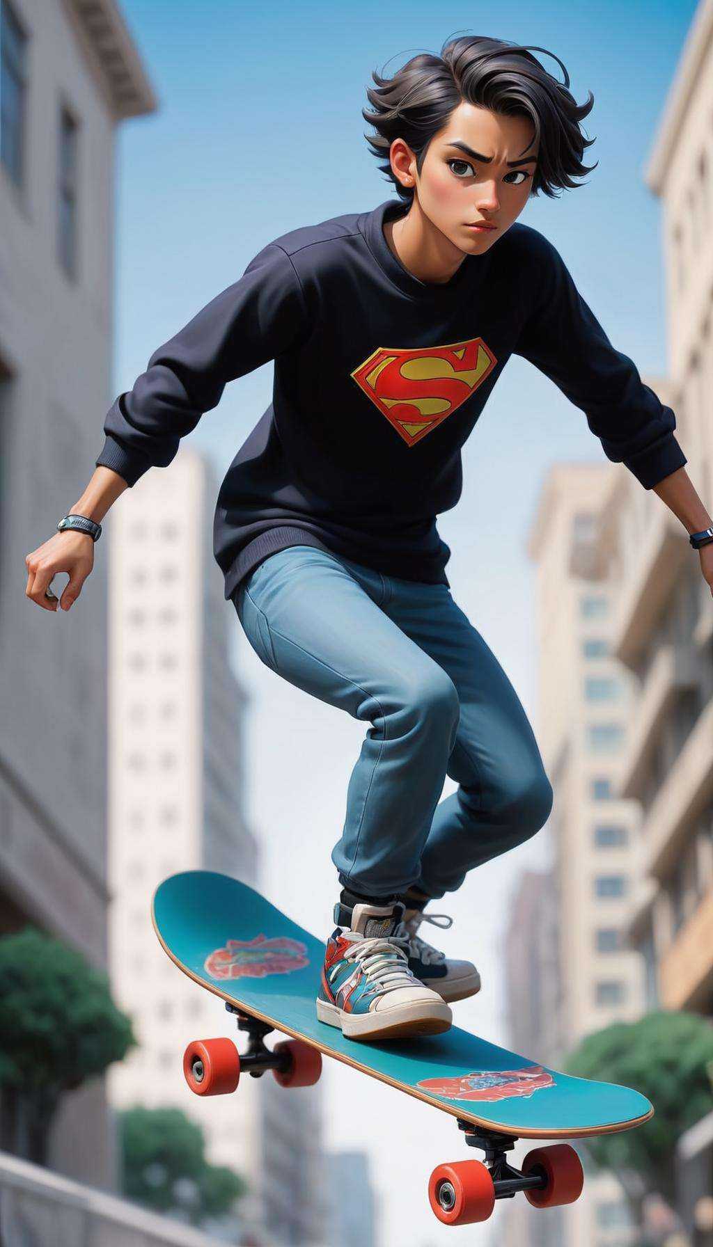comic 90s comic Graphic art of a person riding a sector9 skateboard down the street on the San Francisco Embarcadero . gra...
