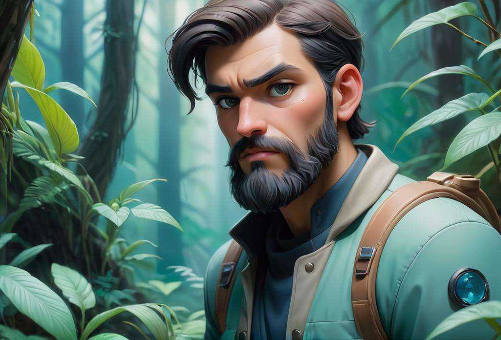 anime artwork breathtaking Masterpiece,  award winning portrait of a bearded hipster explorer in a Jungle by Syd Mead,  co...
