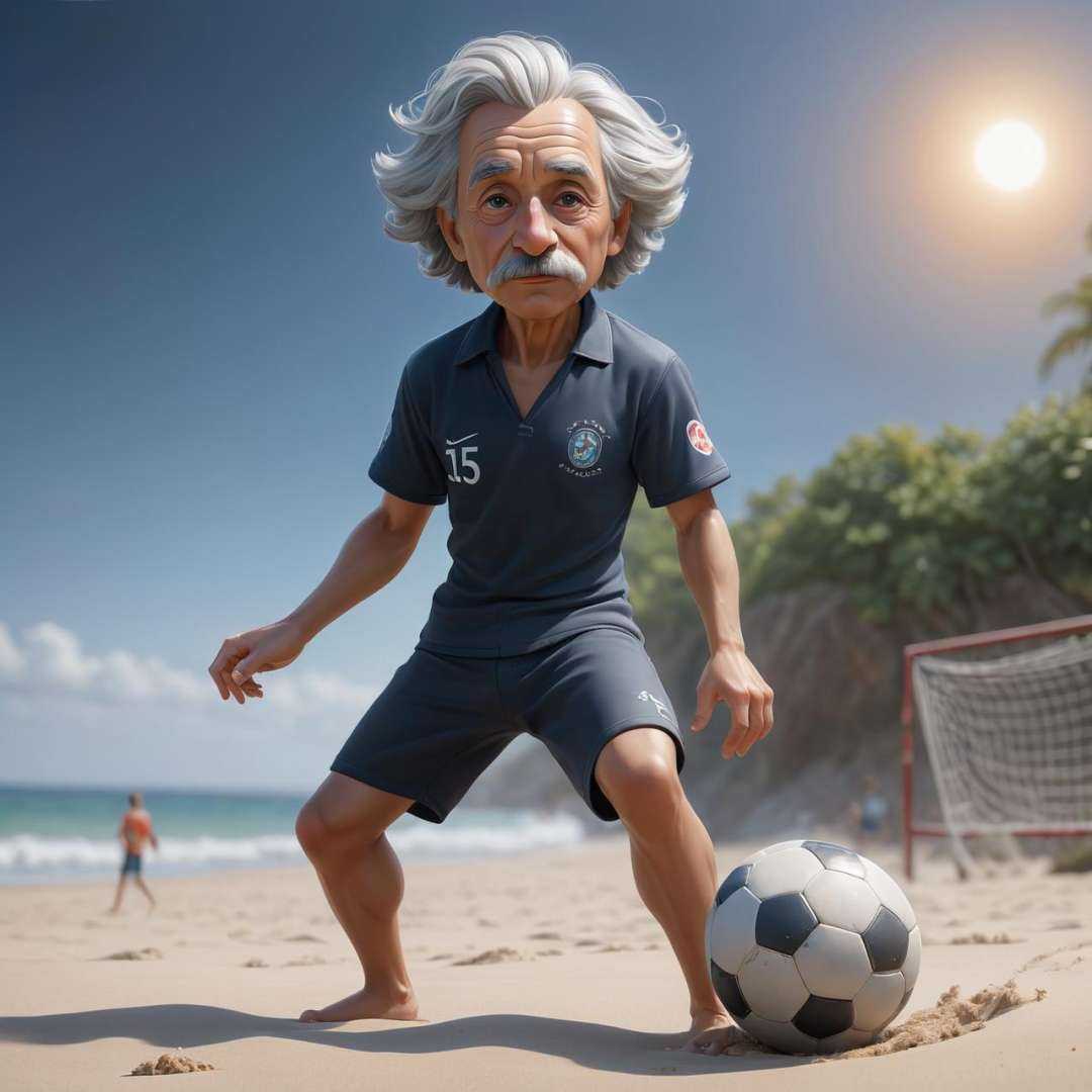 albert einstein playing soccer on the beach,  hyperdetailed,  painting by rockwell on Tensor.Art