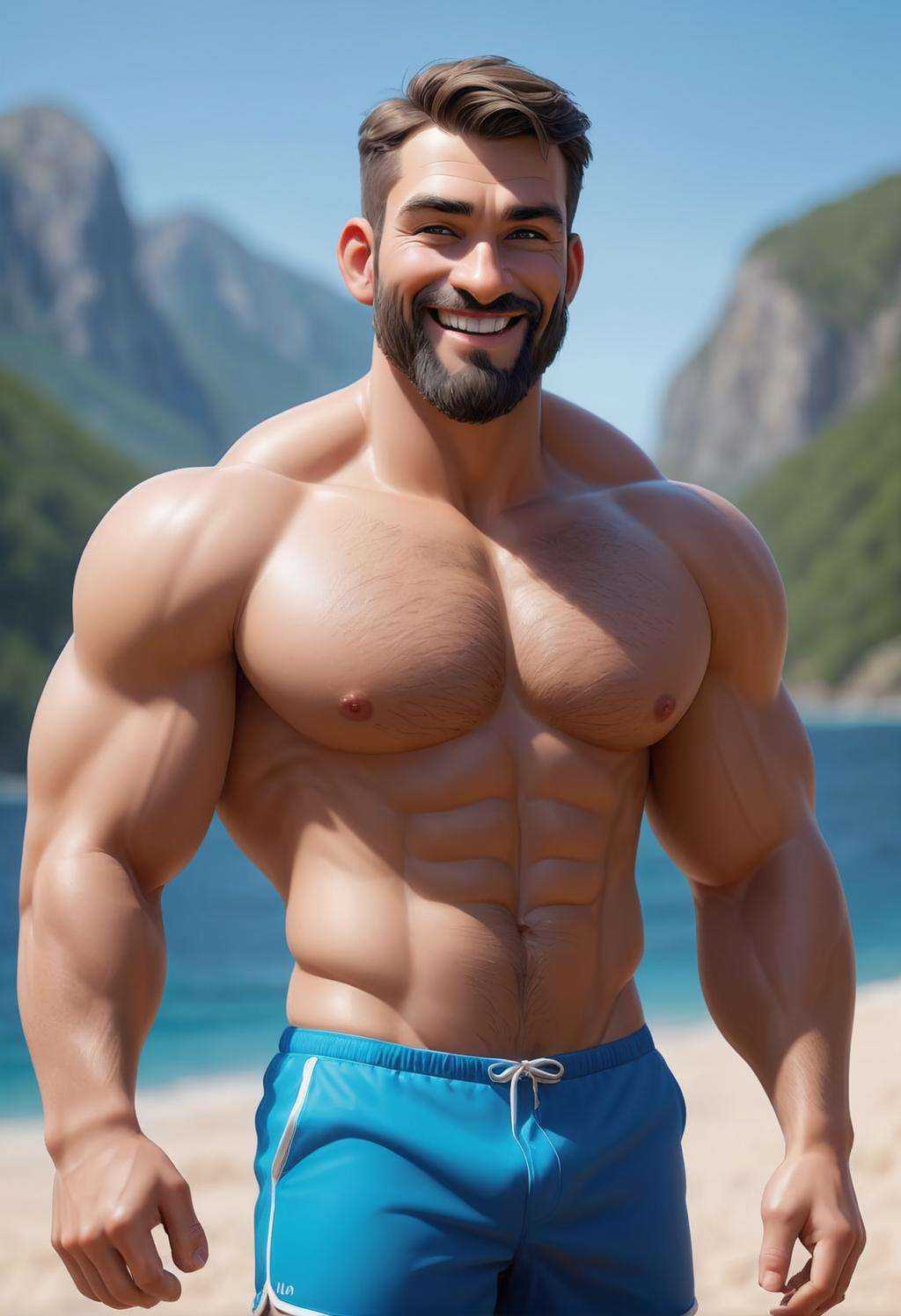 cinematic photo breathtaking naked man smiling,  bear,  muscles on Tensor.Art