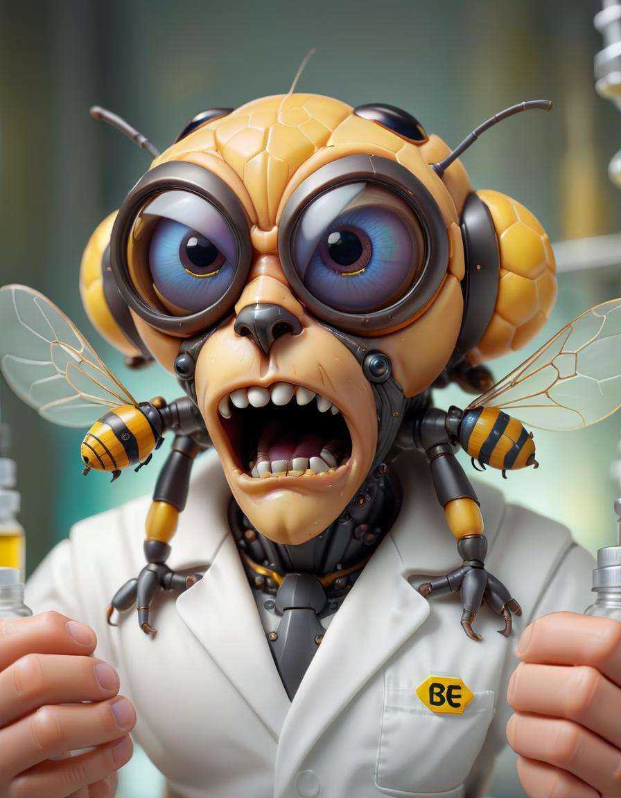 Close up of a bee scientist,  bee head,  bug eyes on Tensor.Art