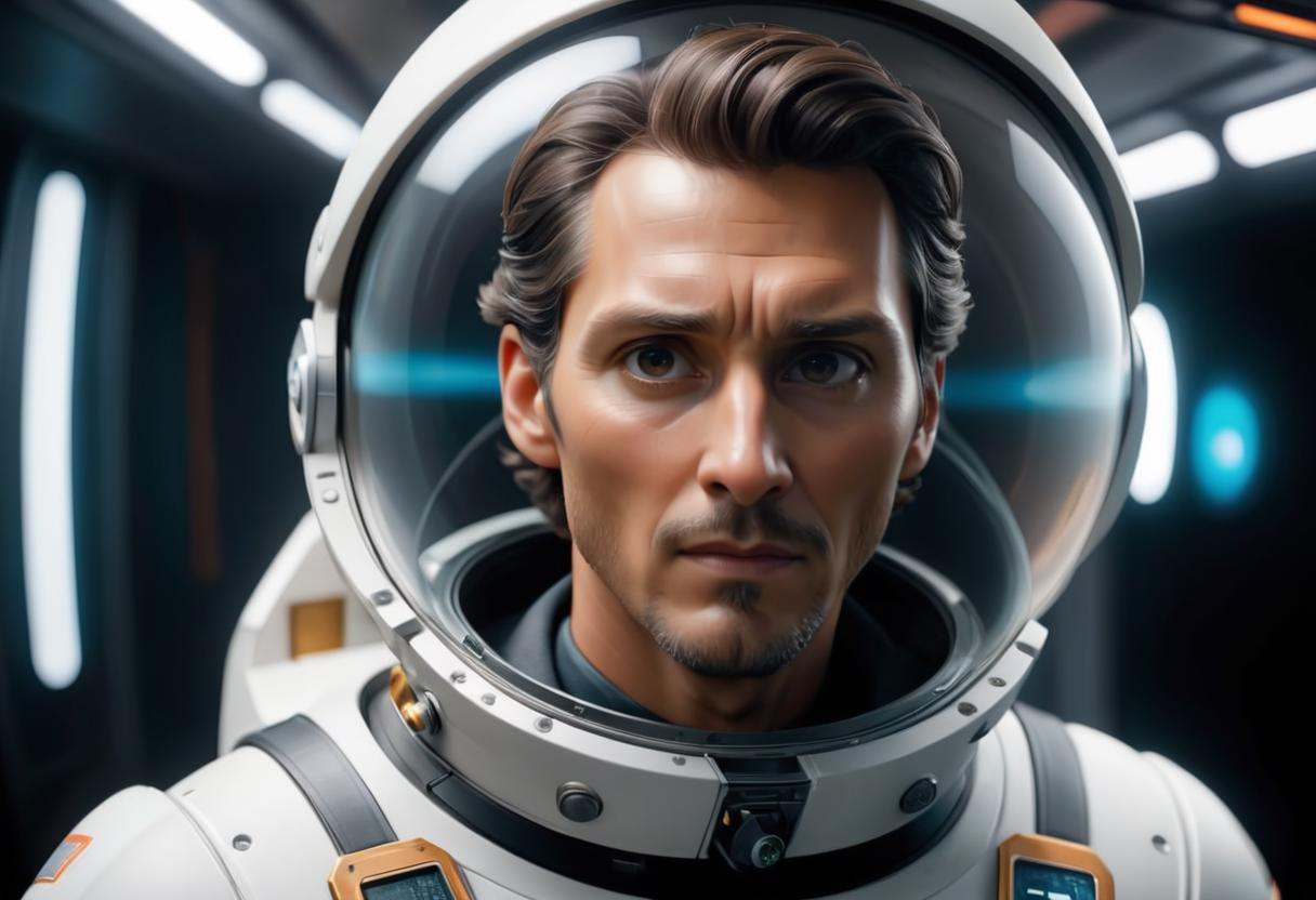 Matthew McConaughey is a futuristic astronaut,  flying a science fiction spacecraft shuttle,  a look of severe concentrati...