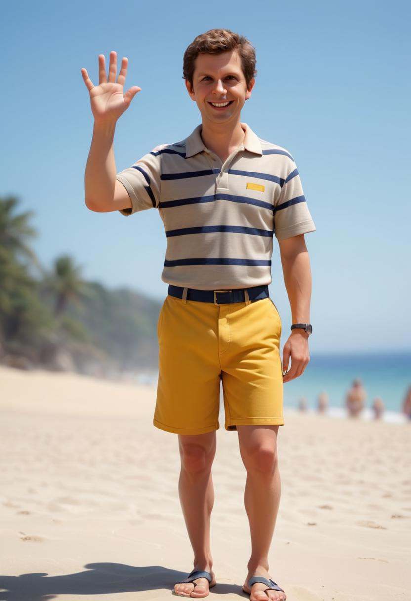 waving his hand at me,  smiling happy middle aged 40 year old Michael Cera with very short dark brown hair,  wearing a ter...