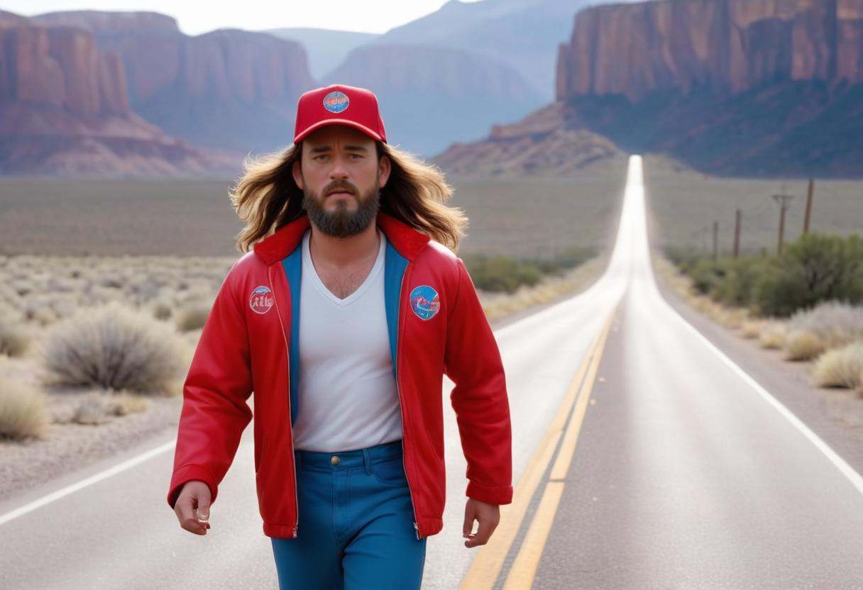 30 years old Tom Hanks is Forrest Gump running on a long empty desert road in Utah,  ,  long hair on Tensor.Art
