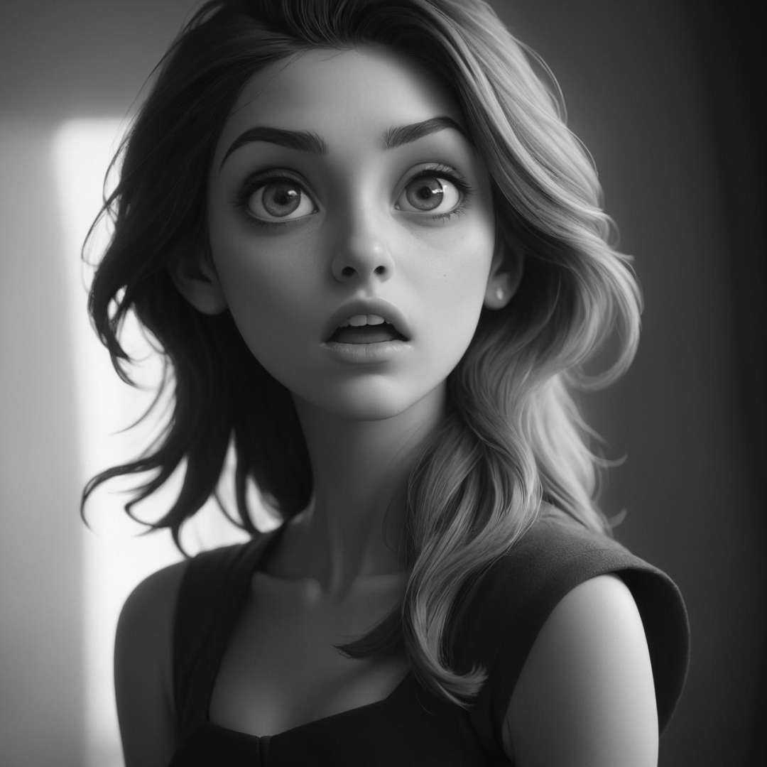 a look of shock ,  Goblin monochrome grayscale black and white b&w cool shadows warm highlights soft focus black and white...