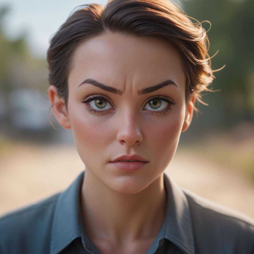 a look of anger ,  MS2 digital cinematic color grading natural lighting cool shadows warm highlights soft focus actor dire...