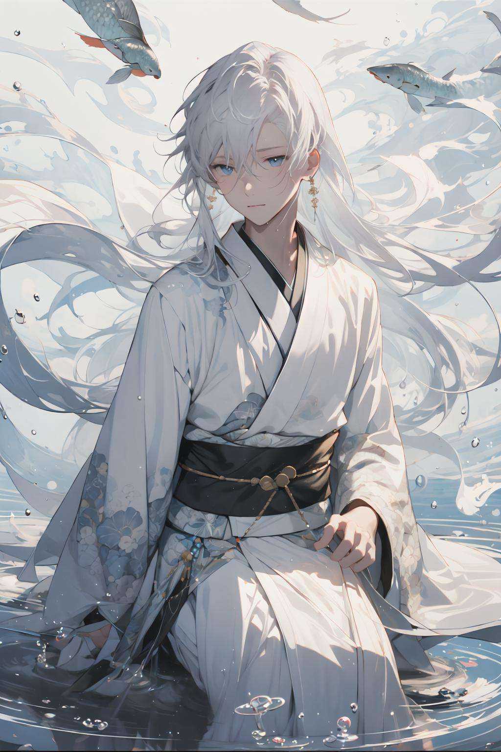 (masterpiece:1.2), best quality,PIXIV, splashing ink,long hair, solo, hanfu, Chinese clothes, white background, jewelry, blue eyes, earrings, male focus, white hair, 1boy, sash, floral print, floating hair,  hair ornament, long sleeves, bangs, obi, ponytail, water, white kimono, closed mouth,Sit, sit on the stone, bamboo forest, bamboo, playing the zither <lora:splashing ink_20230807094909:1>