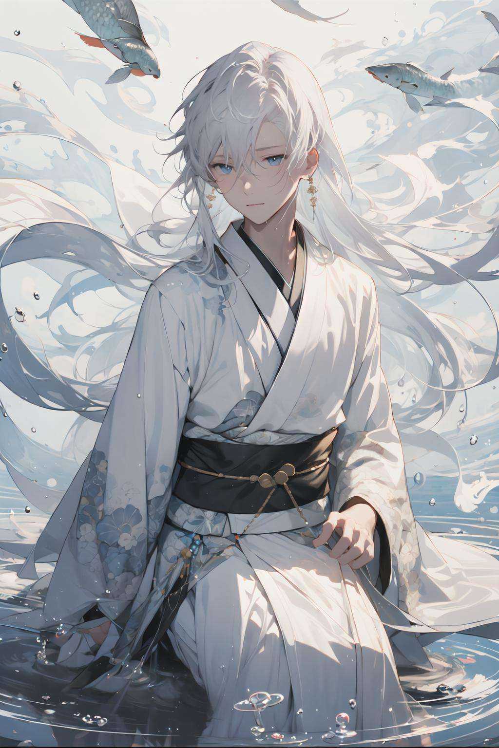 (masterpiece:1.2), best quality,PIXIV, splashing ink,long hair, solo, hanfu, Chinese clothes, white background, jewelry, blue eyes, earrings, male focus, white hair, 1boy, sash, floral print, floating hair,  hair ornament, long sleeves, bangs, obi, ponytail, water, white kimono, closed mouth,Sit, sit on the stone, bamboo forest, bamboo, playing the zither <lora:splashing ink_20230807094909:1>