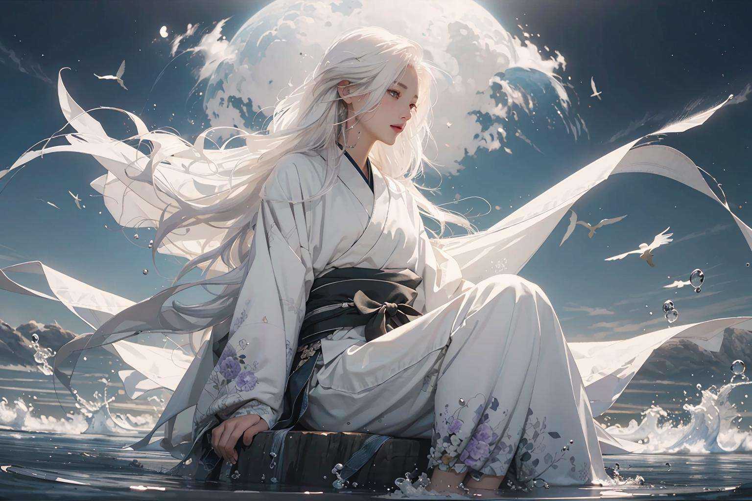 (masterpiece:1.2), best quality,PIXIV, splashing ink,1girl,solo,white hair,long hair,purple eyes,Stream, stone, sitting,hanfu, <lora:splashing ink_20230807094909:0.9:MIDD>