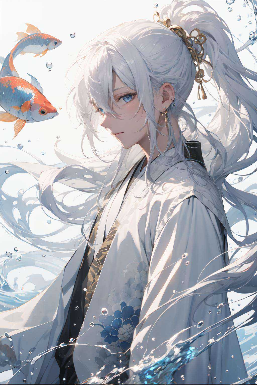 (masterpiece:1.2), best quality,PIXIV, splashing ink,long hair, fish, solo, hanfu, Chinese clothes, white background, jewelry, blue eyes, earrings, male focus, white hair, 1boy, sash, looking at viewer, simple background, floral print, floating hair, from side, hair ornament, upper body, long sleeves, goldfish, bangs, koi, obi, ponytail, water, white kimono, closed mouth <lora:splashing ink_20230807094909:0.8>