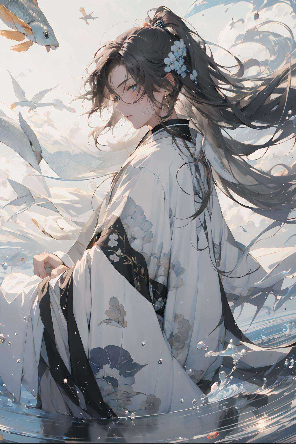 (masterpiece:1.2), best quality,PIXIV, splashing ink,long hair, solo, hanfu, Chinese clothes, jewelry, blue eyes, earrings, male focus, white hair, 1boy, sash, floral print, floating hair,  hair ornament, long sleeves, bangs, obi, ponytail, white cloth, closed mouth,Sit, sit on the stone, bamboo forest, bamboo,  <lora:splashing ink_20230807094909:1>