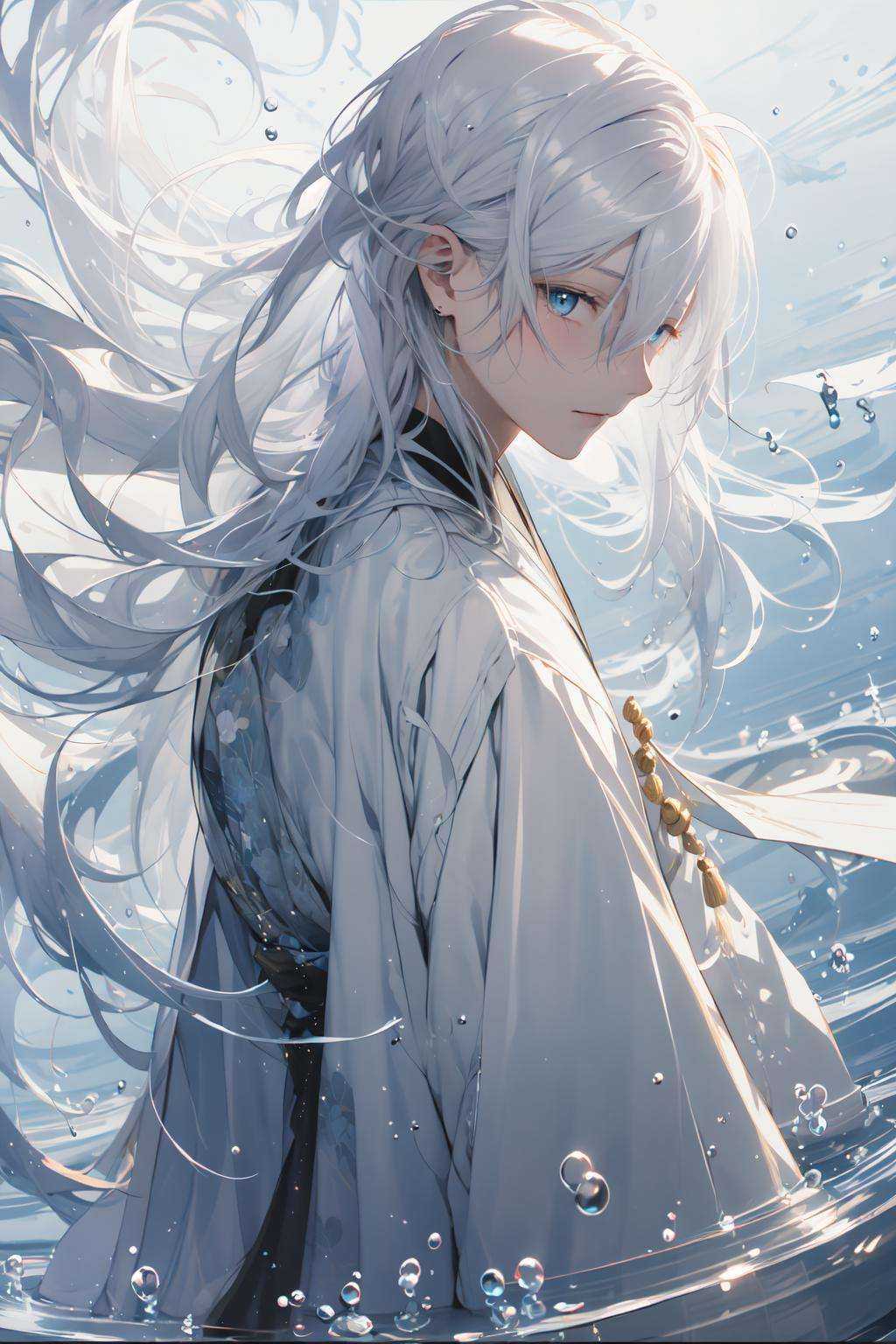(masterpiece:1.2), best quality,PIXIV, splashing ink,solo, long hair, 1boy, male focus, blue eyes, looking at viewer, white hair, japanese clothes, water, from side, hair between eyes, bangs, bishounen, long sleeves, very long hair, floating hair, kimono, upper body, closed mouth <lora:splashing ink_20230807094909:0.9>