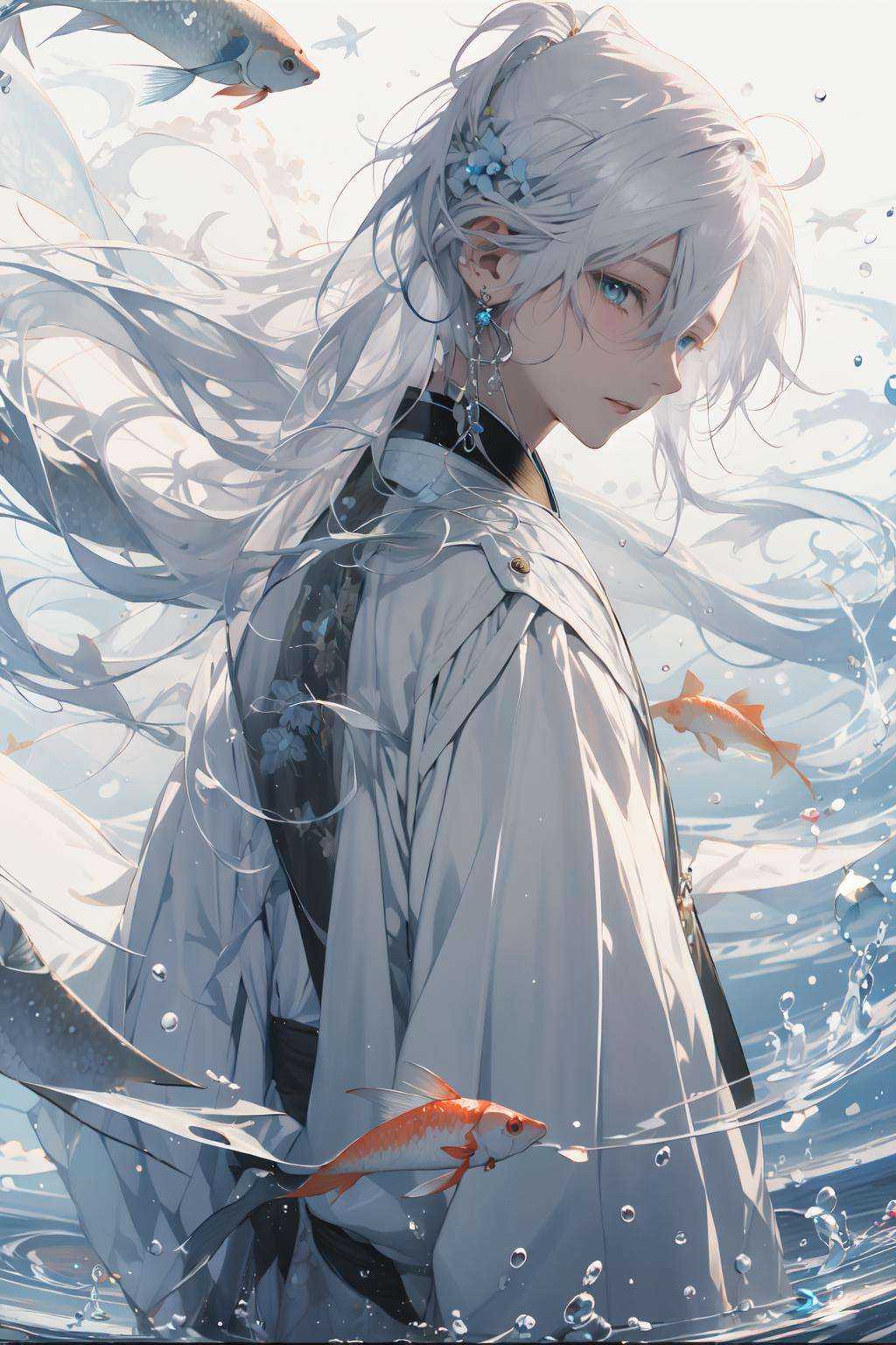 (masterpiece:1.2), best quality,PIXIV, splashing ink,long hair, fish, solo, hanfu, Chinese clothes, white background, jewelry, blue eyes, earrings, male focus, white hair, 1boy, sash, looking at viewer, simple background, floral print, floating hair, from side, hair ornament, upper body, long sleeves, goldfish, bangs, koi, obi, ponytail, water, white kimono, closed mouth <lora:splashing ink_20230807094909:1>