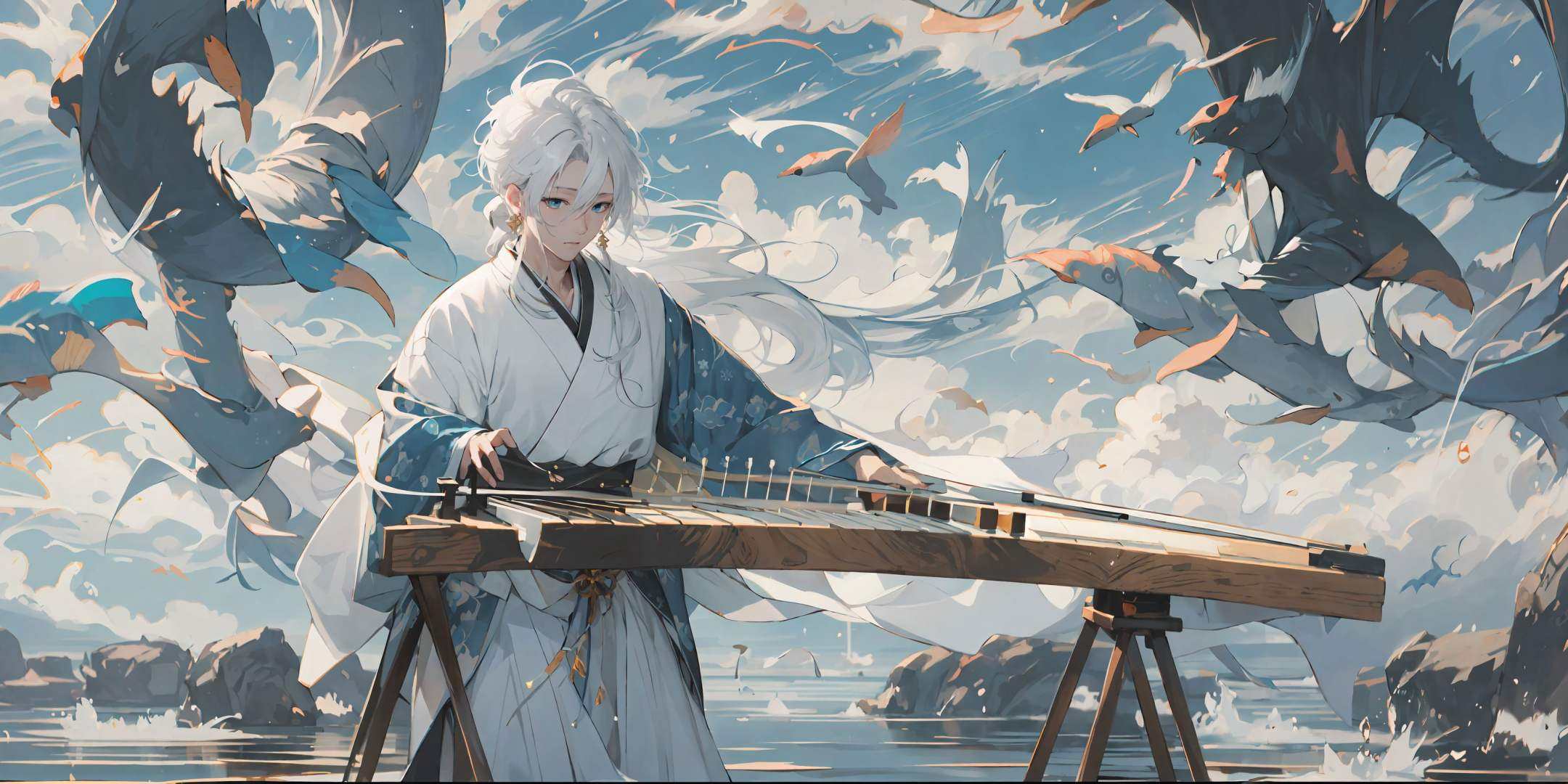 (masterpiece:1.2), best quality,PIXIV, splashing ink,long hair, solo, hanfu, Chinese clothes, white background, jewelry, blue eyes, earrings, male focus, white hair, 1boy, sash, floral print, floating hair, hair ornament, long sleeves, bangs, obi, ponytail, white kimono, closed mouth,Sit, sit on the stone, bamboo forest, bamboo, playing the zither