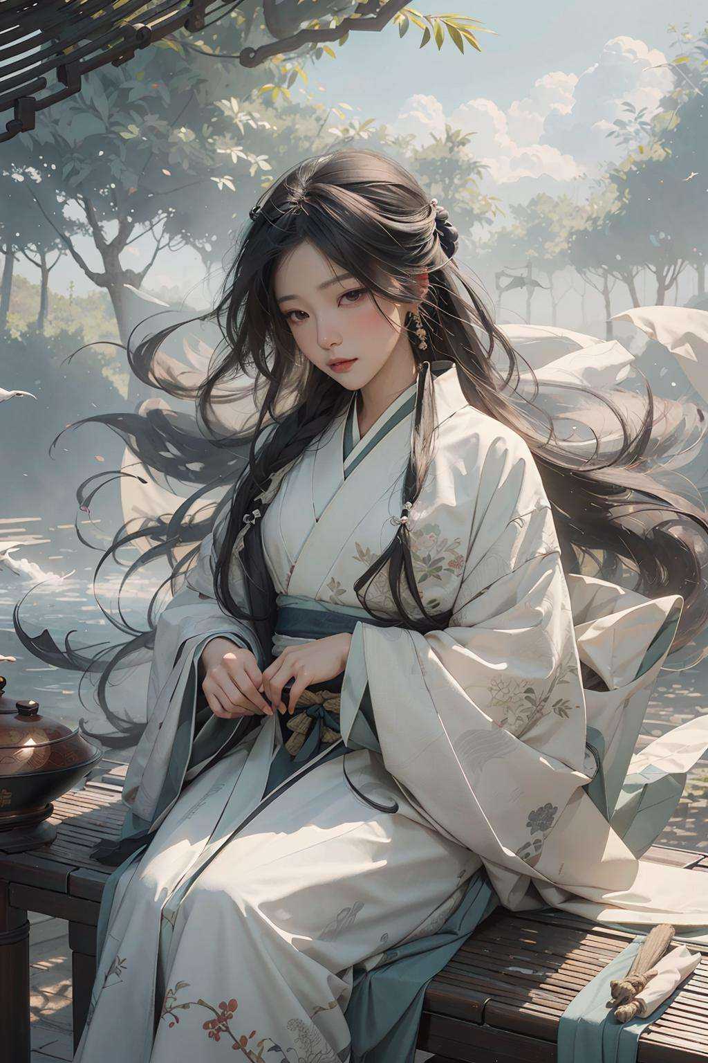(masterpiece:1.2), best quality,PIXIV, A woman, Hanfu, sitting in a bamboo forest, Guzheng, bamboo forest, early morning, Dundar Effect, Chinese style, ink style,  <lora:splashing ink_20230807094909-000018:0.8:MIDD>