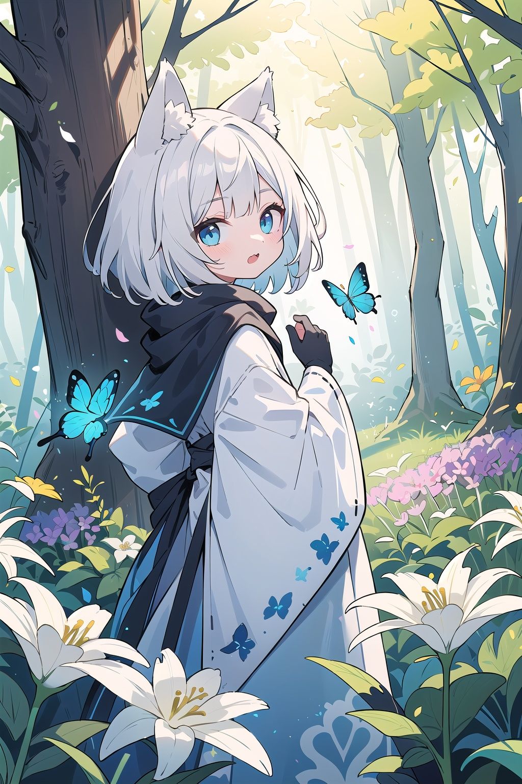 (masterpiece:1.2), high_quality ,occultism, Aestheticism Painting , (flat color), best quality, soft lighting, (depth_of_field:1.3),(solo:1.4), [close-up], (1girl), detailed beautiful blue eyes, (silvery hair) , wolf_ears, short_hair,archbishop_robe ,largr_sleeve, grey_cloak, blooming, looking_at_viewer, lily (flower) , blue butterfly, (fantastic colorful),fluorescence, (forest:1.25), tree_shade, (flowers meadows:1.4), flower, leaves, looking back, cute_fang, black gloves, long scarf,
