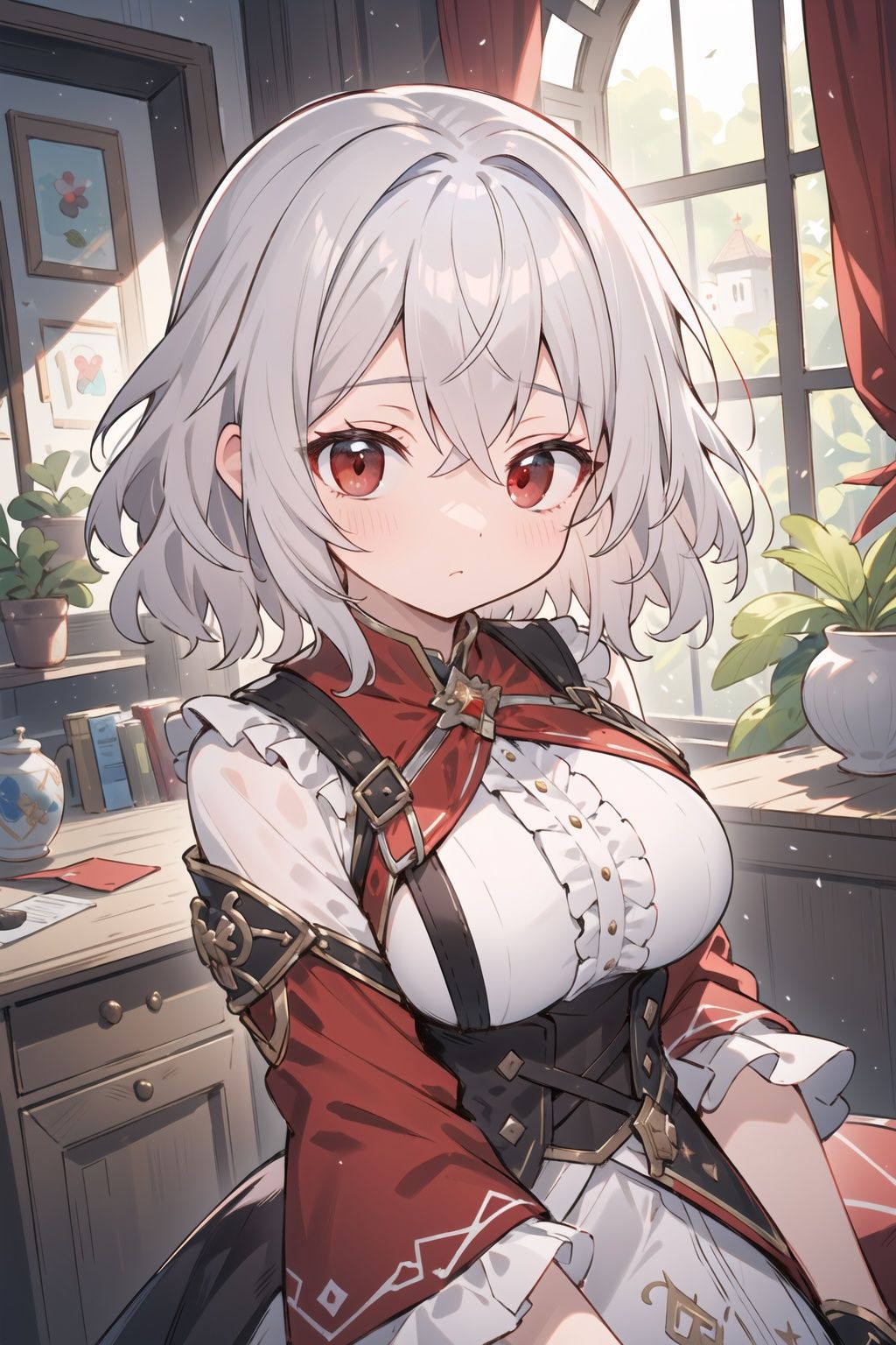 (masterpiece, best quality, high quality, highres, ultra-detailed),indoors,short hair,silver hair,red eyes,wavy hair,large breasts,close-up,fantasy clothes,frills,