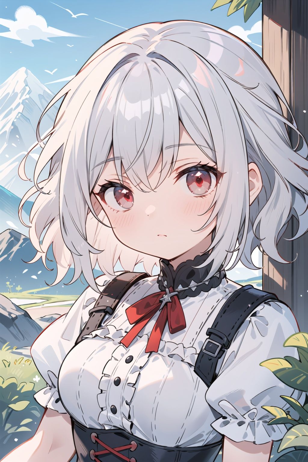 (masterpiece, best quality, high quality, highres, ultra-detailed),short hair,silver hair,red eyes,wavy hair,breasts,frills,outdoors,mountain,close-up,alternate costume,