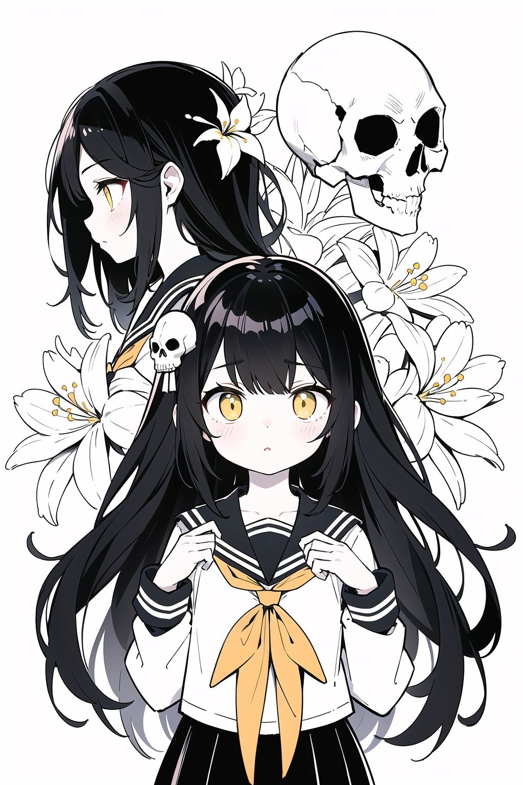 flat color,limited palette,low contrast,1girl,serafuku,long straight black hair,lycoris flower,skull mask,(yellow, white),