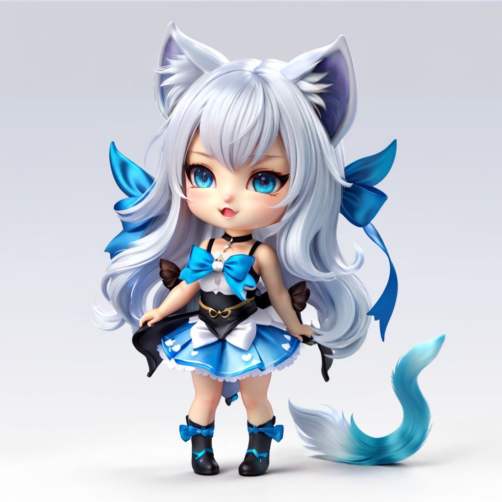 1girl,Beast Ears,Tail,Chibi,White Hair,Cat Ears,solo,cat tail,Long hair,hair accessories,Catwoman,Virtual youtuber,Skirt,blue eyes,ahoge,Bow,white background,Beast Ear Fluff,Hairpin,Keep,
