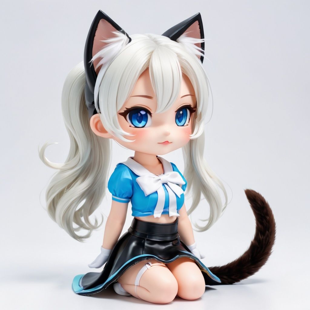 1girl,Beast Ears,Tail,Chibi,White Hair,Cat Ears,solo,cat tail,Long hair,hair accessories,Catwoman,Virtual youtuber,Skirt,blue eyes,ahoge,Bow,white background,Beast Ear Fluff,Hairpin,Keep,
