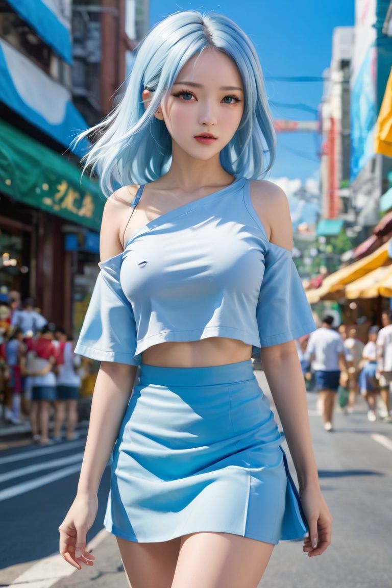 A very beautiful girl, light blue hair, background bustling streets, Du Qiong, Anime 5 sense, computer graphics, sots art, big and pretty chest, super big chest, tight chest, tight clothes, wearing light blue tight T-shirt, various light blue short skirt, square walk, light tracing, bright, drizzling, upper body close-up