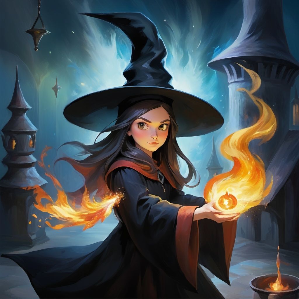 oil painting, 1girl wearing a witch hat casting fire magic,