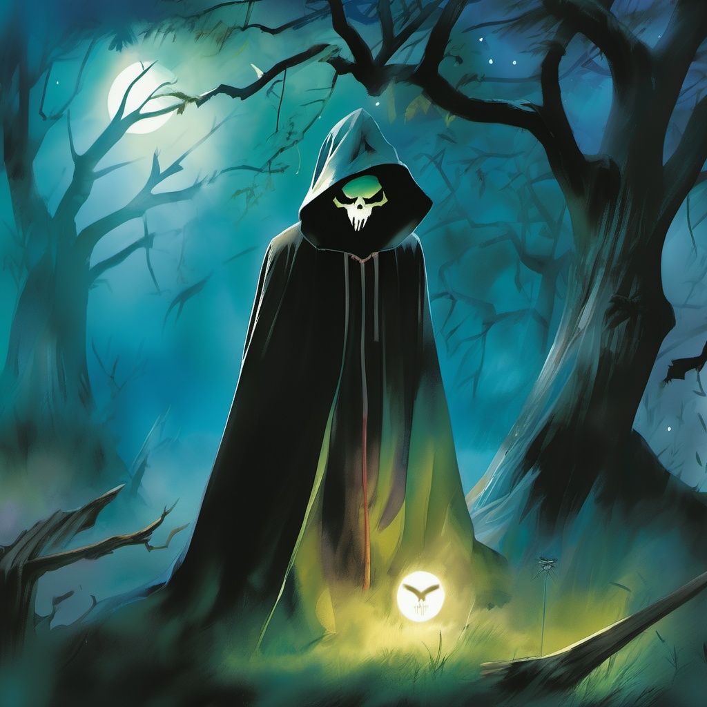 watercolor,cloak, glowing eyes, moon, skull, no humans, staff, weapon, glowing, hood, tree