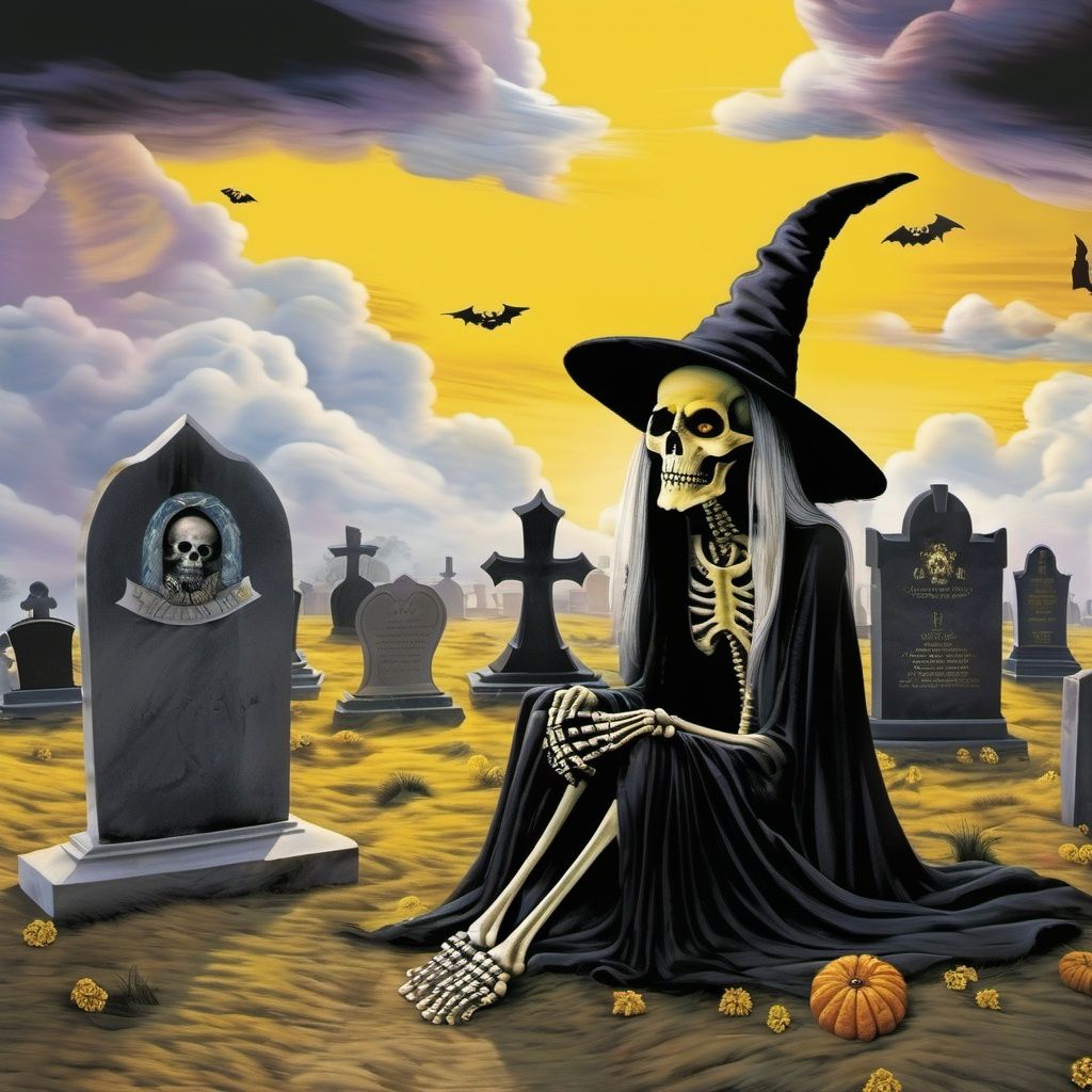 hat, skeleton, tombstone, graveyard, witch hat, cloud, sitting, yellow eyes, skull