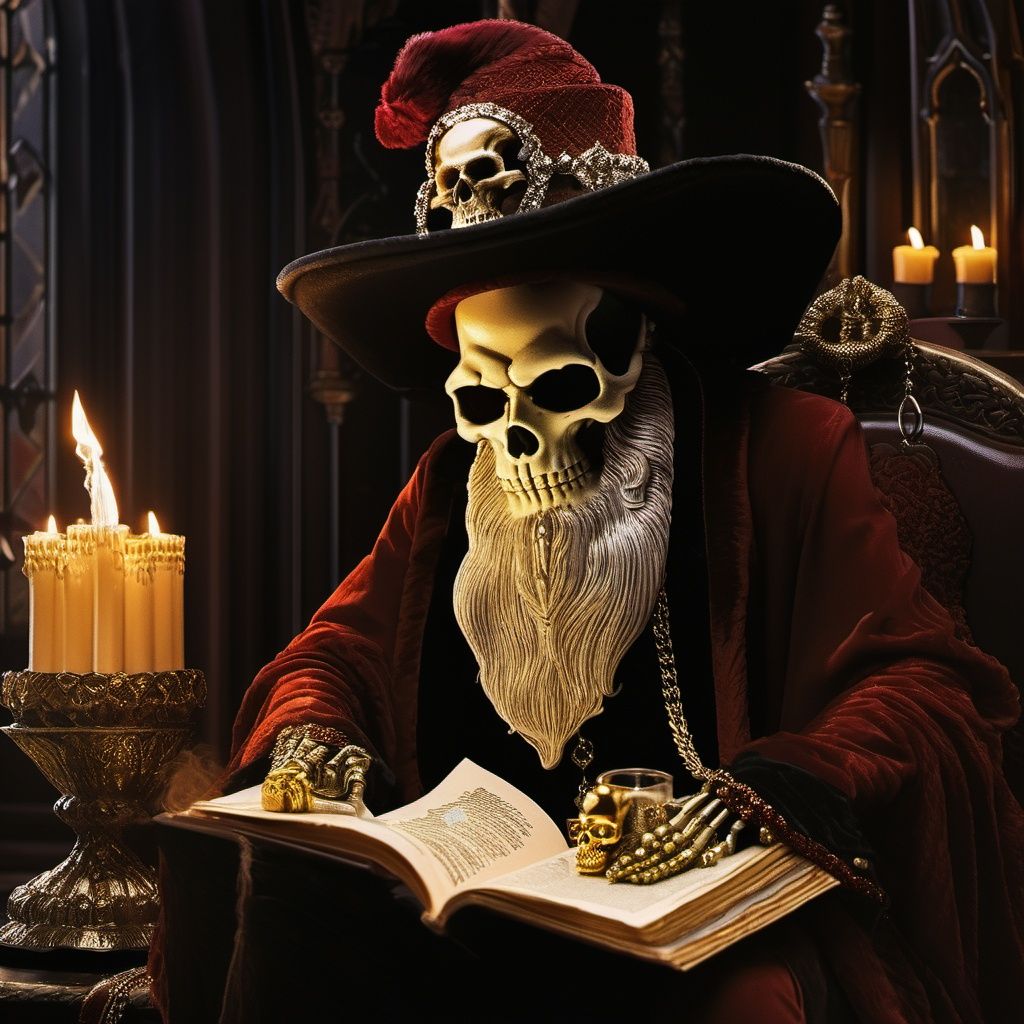 illustration, anime,skull, candle, 1boy, beard, hat, male focus, solo, facial hair, ring, book, wizard, skeleton, fire, window, jewelry