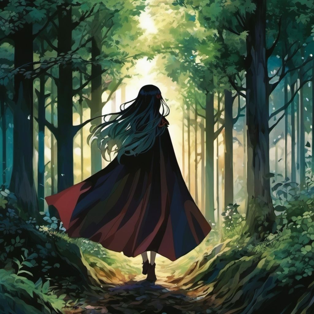 anime,1girl, solo, long hair, nature, forest, tree, dress, cape