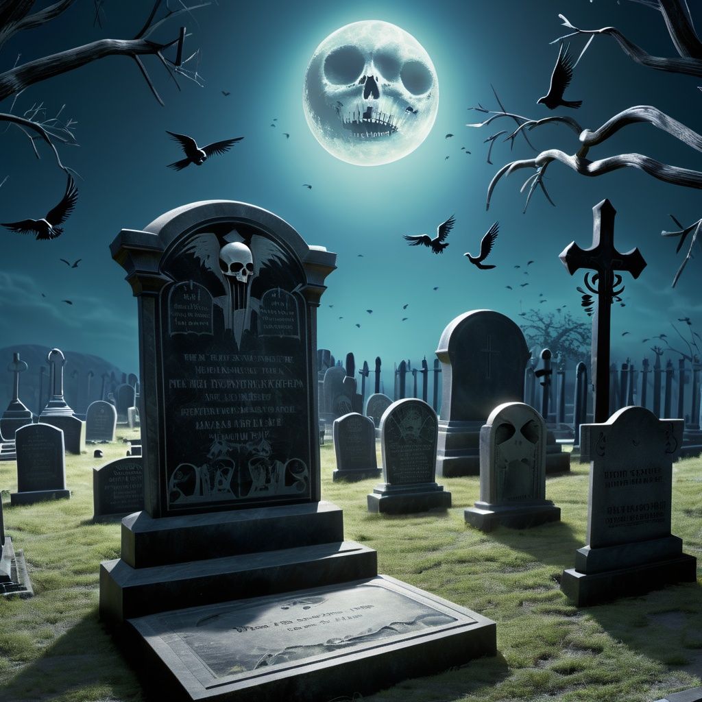 photorealistic, tombstone, moon, skull, staff, night, full moon, skeleton, bird, graveyard