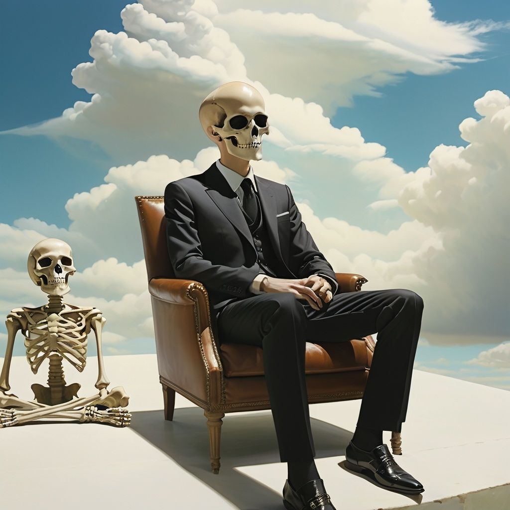 photorealistic, 1boy, solo,  skeleton, skull, sitting, cloud, sky, suit, formal, male focus