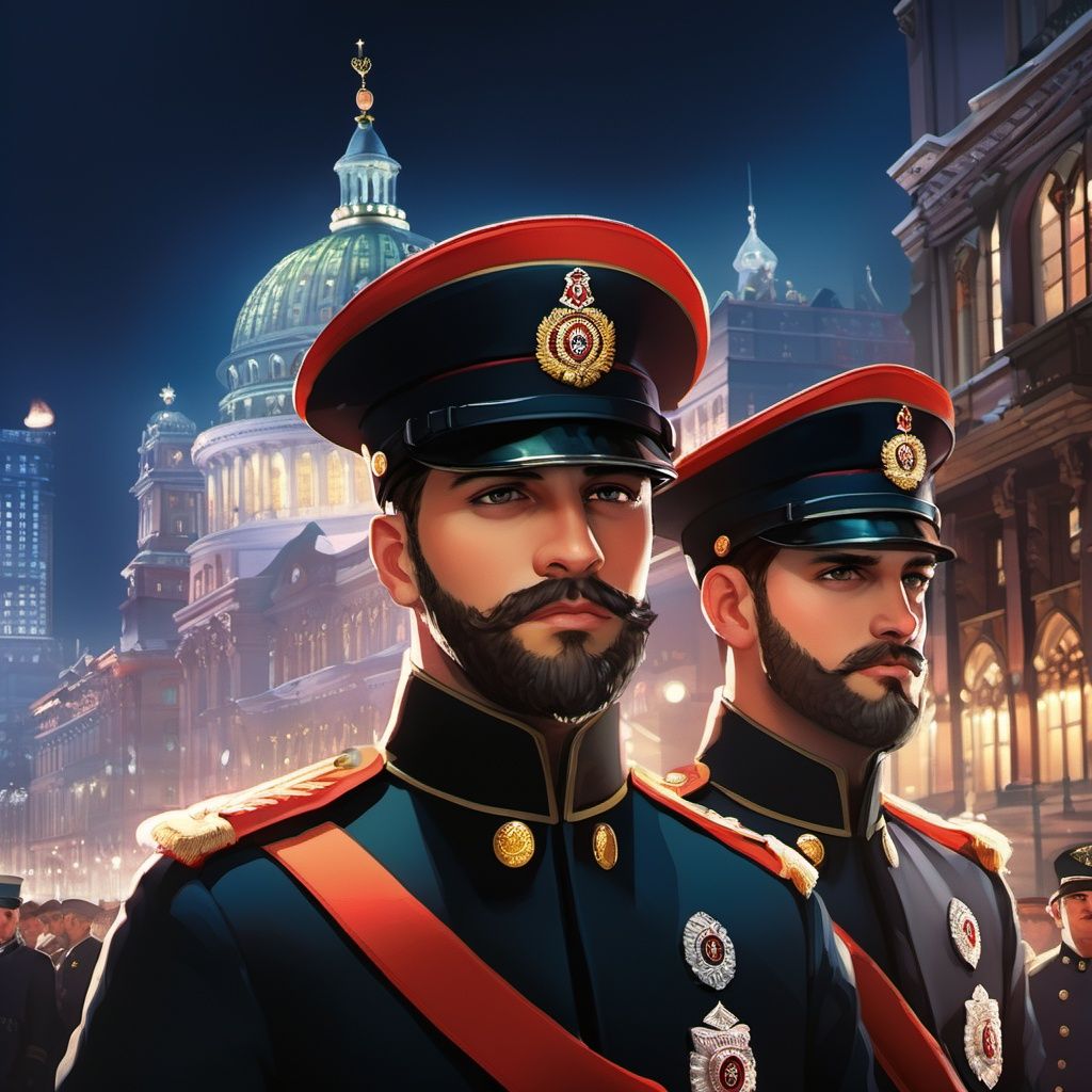 illustration,  2boys, hat, uniform, military, military uniform, gloves, city, male focus, facial hair
