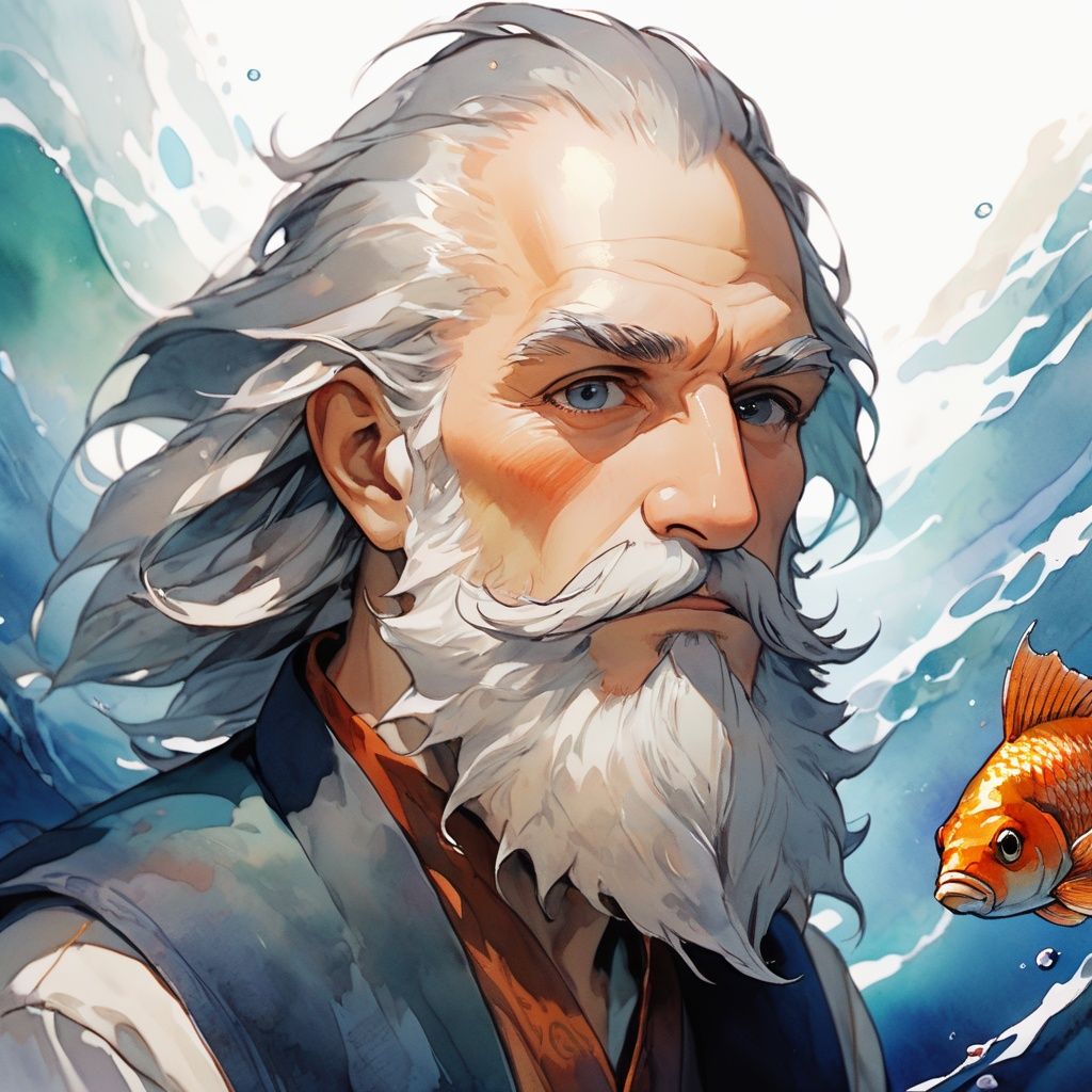 watercolor, sharp detailed,  facial hair, 1boy, male focus, beard, solo, fish, white hair, long hair, old man, mustache, upper body, old