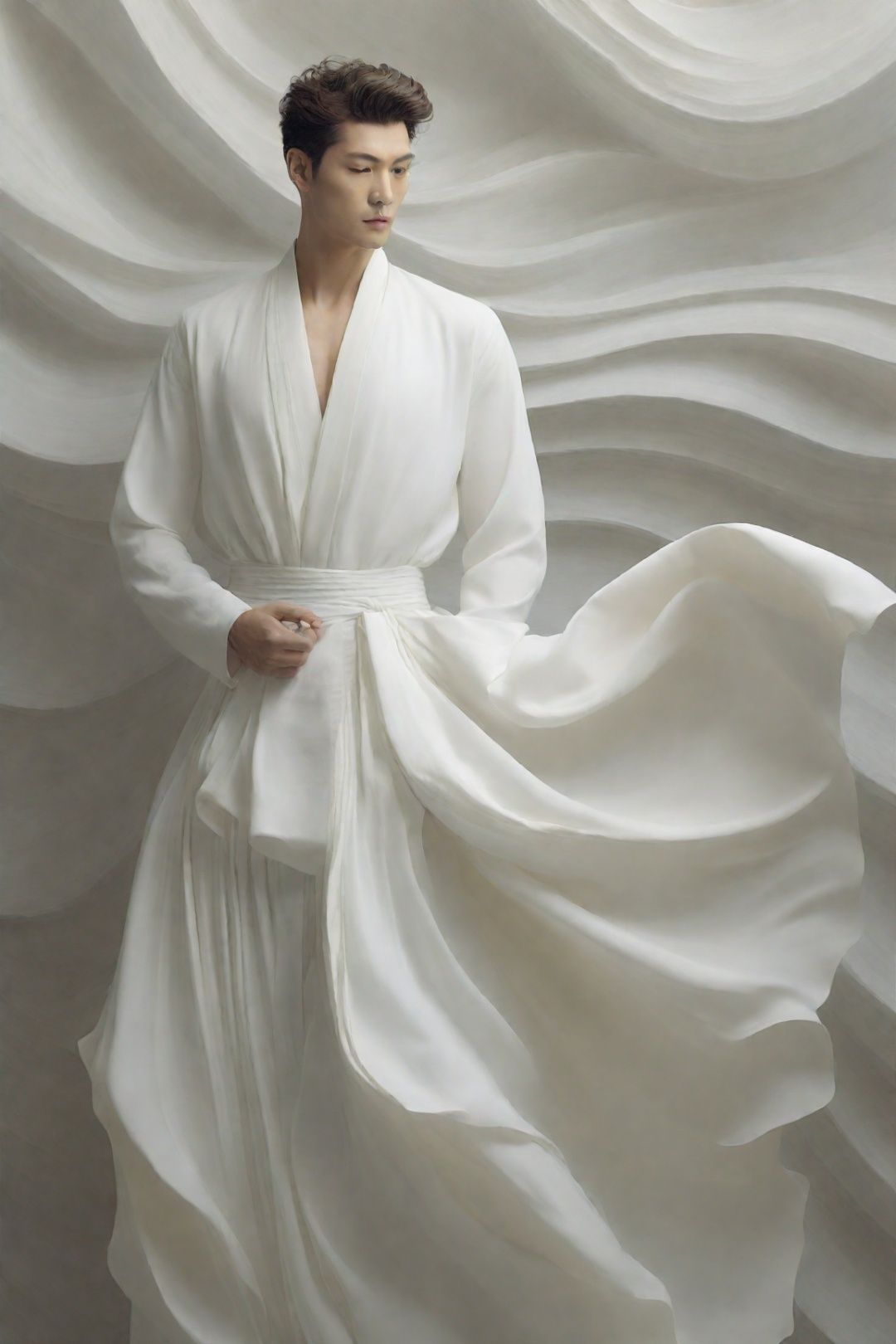 handsome men,in a white dress is standing in front of a wall of wavy fabric and waves of white fabric, fashionable beauty,floting skirt,wave skirt,