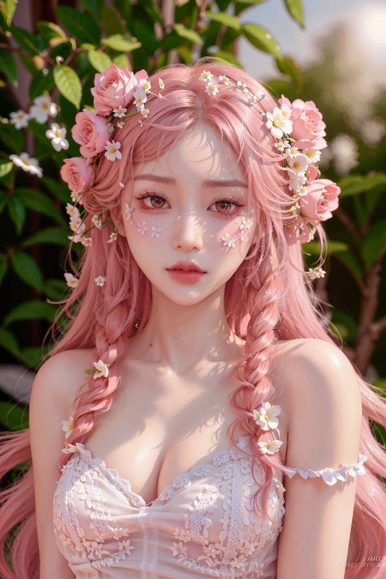 ulzzang-6500-v1.1,(raw photo:1.2),((photorealistic:1.4))best quality ,masterpiece, illustration, an extremely delicate and beautiful, extremely detailed ,CG ,unity ,8k wallpaper, Amazing, finely detail, masterpiece,best quality,official art,extremely detailed CG unity 8k wallpaper,absurdres, incredibly absurdres, huge filesize, ultra-detailed, highres, extremely detailed,beautiful detailed girl, extremely detailed eyes and face, beautiful detailed eyes,cinematic lighting,(flowers, hair ornaments) purple hair, long hair, flower ornaments, accessories, makeup, eye shadow, sleepers, masks, (outdoor), strapless,1 girl, solo, pink hair, red flowers, long hair, bangs, hair flowers, hair accessories, white flowers, brown eyes <lora:22222:0.7>