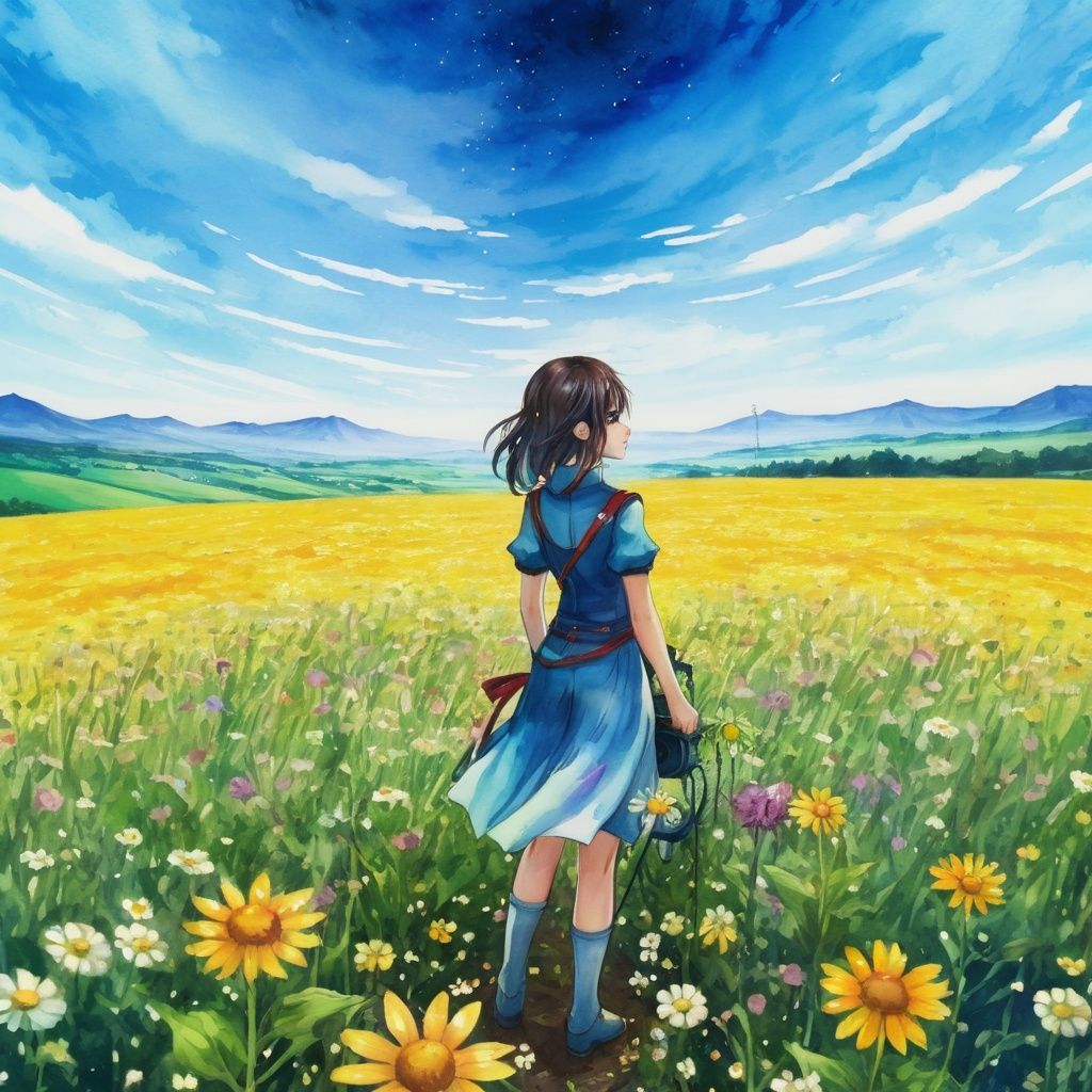 1girl , upper body, fantasy, anime,sky above and open field, a girl standing on flower field, watercolor senery,xs-4d-space