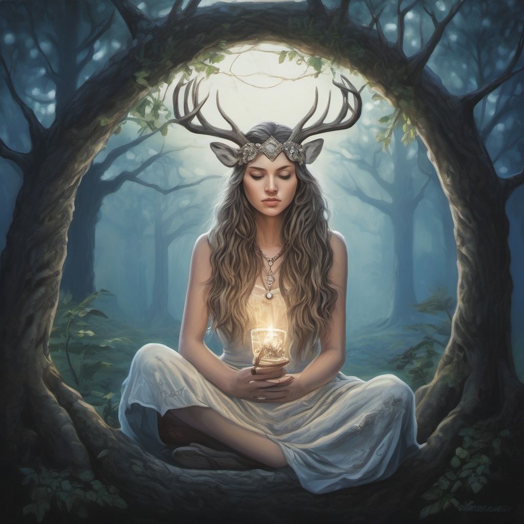 photorealistic, 1girl, deer, tree, bracelet, jewelry, long hair, solo, sitting, outdoors, animal, closed eyes