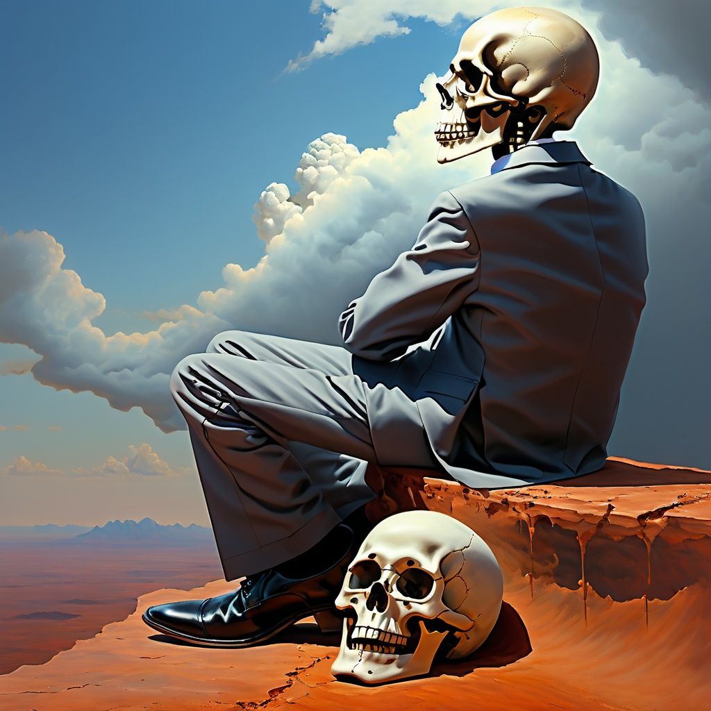 photorealistic, 1boy, solo,  skeleton, skull, sitting, cloud, sky, suit, formal, male focus