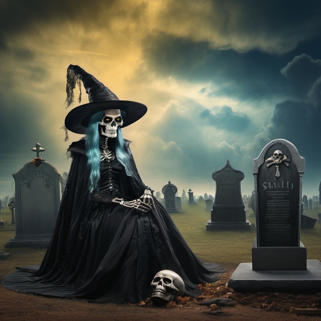 hat, skeleton, tombstone, graveyard, witch hat, cloud, sitting, yellow eyes, skull