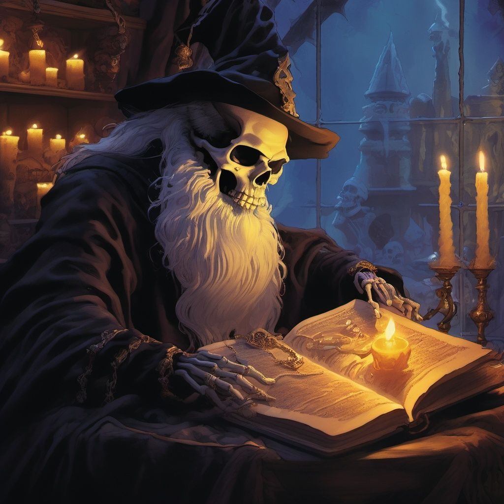 illustration, anime,skull, candle, 1boy, beard, hat, male focus, solo, facial hair, ring, book, wizard, skeleton, fire, window, jewelry